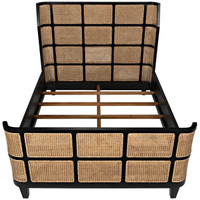 Portia mahogany bed with hand-rubbed black finish and naturally finished cane paneled headboard and footboard.