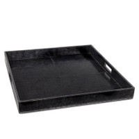 Black genuine leather square tray with built-in handles and stitched details.