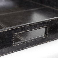 Black genuine leather square tray with built-in handles and visible stitching, a sophisticated accent.