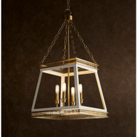 Gerome white and aged brass French country pendant with open frame and four candelabra lights.