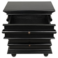 Ascona hand-rubbed black mahogany side table with three drawers and brass hardware.