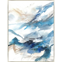 Abstract giclee canvas painting with blue, beige, and white brushstrokes, unframed.