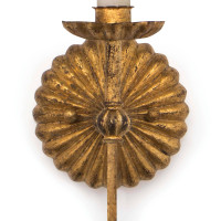 Antique gold leaf Clove Sconce with a fluted, shell-like backplate and a candelabra base.