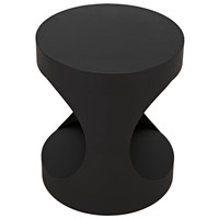 Matte black steel round side table with an hourglass shape and cutout curves.