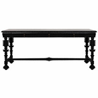 Black Portuguese mahogany desk with spool turning legs, multiple drawers, and metal and brass pulls.