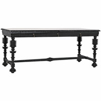 Black hand-rubbed solid mahogany desk with spool turning legs and metal/brass pulls.