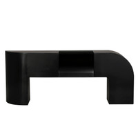 Craftor Black Console Table, 75"W industrial steel with matte black finish, modern design, curved ends, and central open shelf.