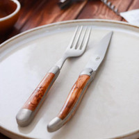 Forge de Laguiole 2 Piece Steak Knife Set Juniper Handle Satin Finish - Knife Detail | Bone & Brass