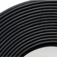 Close-up of a black wavy bamboo wall mirror frame with linear textures.