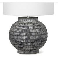 Large Adobe Ceramic Table Lamp with hand-scribed chisel marks, natural color palette, and a white linen shade.