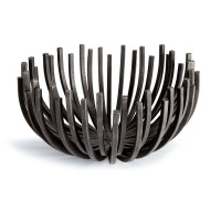 Blackened iron webbed circle decorative bowl, 17" wide, with sculpted vertical slats.