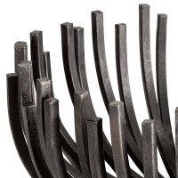 Blackened iron webbed circle decorative bowl with sculpted, curved metal rods.