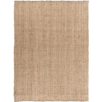 Tan hand-woven jute rug with a natural, textured weave and no pile.