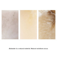 Three rectangular swatches showing natural alabaster variations: light pink, pale yellow, and warm beige with veining.
