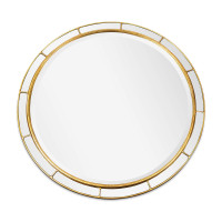 Plaza Round Mirror with a gold-beveled frame and art deco design.