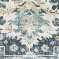 Close-up of a Charleston Blue & Ivory washable polyester rug with distressed traditional design.