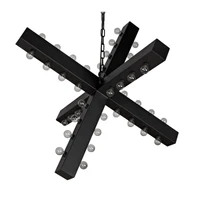 Cruzar Black Steel Chandelier with multiple small bulbs on intersecting beams.