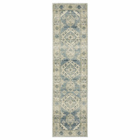 Branson Blue & Beige Traditional Rug, power-loomed polypropylene runner with classic medallion patterns.