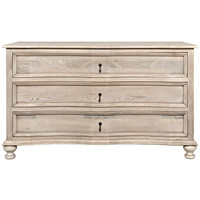 Vintage gray solid elm 3-drawer chest with curved front, natural wood grain, and dark metal hardware.