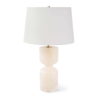 Joan alabaster table lamp with a shapely, carved stone base and a white linen shade.