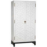 White mahogany hutch with intricate geometric hand-carved doors and dark base.