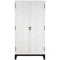 White mahogany hutch with detailed hand-carved geometric doors and brass hardware.