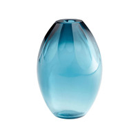 Small ocean blue glass vase with an elegant, faceted design.