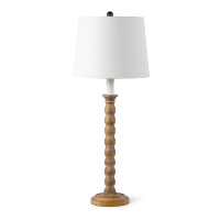 Natural Perennial Buffet Lamp with a rustic-chic lathed wood base and a white linen shade.