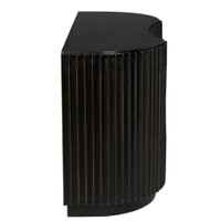 Irene curved fluted black dresser with gold pinstripes and brass pulls.