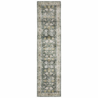 Charleston Charcoal & Gold washable runner rug with distressed traditional patterns and blanket stitch finish.