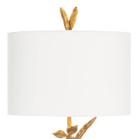 Trillium buffet lamp with antique gold leaf branches, natural linen drum shade, and matching leaf finial.