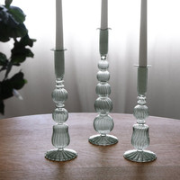 Glass Cambridge Olivia 12" Candlestick Holder Set 2 (Light Green) - Candlestick Side View | Bone & Brass