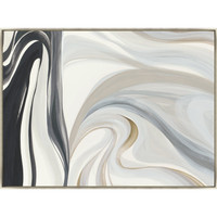 White Wave Giclee Painting: abstract art with fluid black, gray, white, and gold brushstrokes in a light frame.