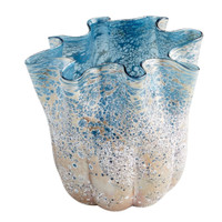 Muse Blue Art Glass Decorative Bowl, teacup-inspired with soft folds and textured blue, white, and earth tones.