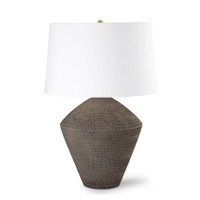 Soren Ceramic Table Lamp with a textured, dark brown earthenware base and a white linen shade.