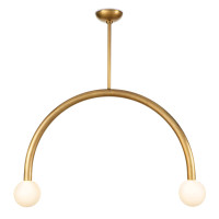 Happy Pendant Large Natural Brass light fixture with an arched metal frame and two matte white glass globes.