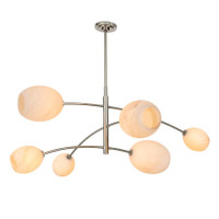 Artemis Chandelier: Modern polished nickel mobile design with six open-ended alabaster-like glass globes.