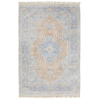 Hand-loomed Malabar blue and red traditional chenille rug with Persian design and fringe.