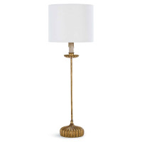 Clove Stem Buffet Table Lamp with an antiqued gold base and natural linen shade.