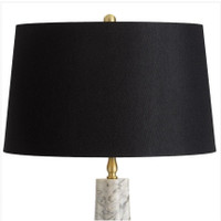 Roman White Carrara marble table lamp with a black linen shade and natural brass finial.