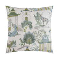 Pelhaven 24" white throw pillow with blue and green embroidered chinoiserie peacocks, deer, and pagodas.