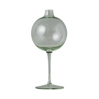 Sage green glass wine glass vase with a spherical body and a slender stem, 8.75"H.