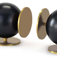 Modern Grant Black & Brass Bookends with spherical metal bodies and natural brass disc bases.