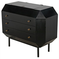 Black mahogany Rhiana vanity dresser with angled edges, three drawers, and tall slim legs.