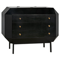 Black mahogany Rhiana vanity dresser with angled edges, three drawers, metal pulls, and slim legs.
