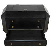 Black mahogany Rhiana vanity dresser with angled edges, three drawers, metal pulls, and a secret top compartment.