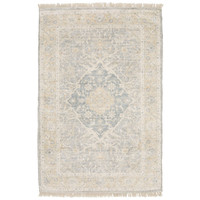 Hand-loomed Malabar Beige & Grey Chenille Traditional Rug with classic Persian design and fringe.