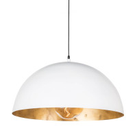 Large white dome pendant light with a gold-leafed interior and exposed bulb.