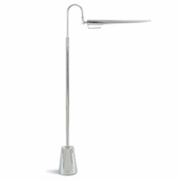 Raven floor lamp, polished nickel, with a sleek, adjustable bird-like shade and round base.