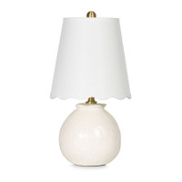 Amoria Mini Lamp with a white ceramic body, natural brass hardware, and a wavy scallop-like linen shade.